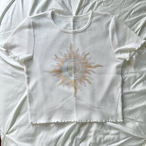 American Eagle Cropped Graphic T-Shirt Waffle Knit Sun Moon